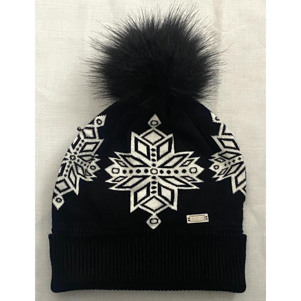Nils Sportswear Black Knit w/ White Snowflakes Ski Cap Faux Fur Pom Pom